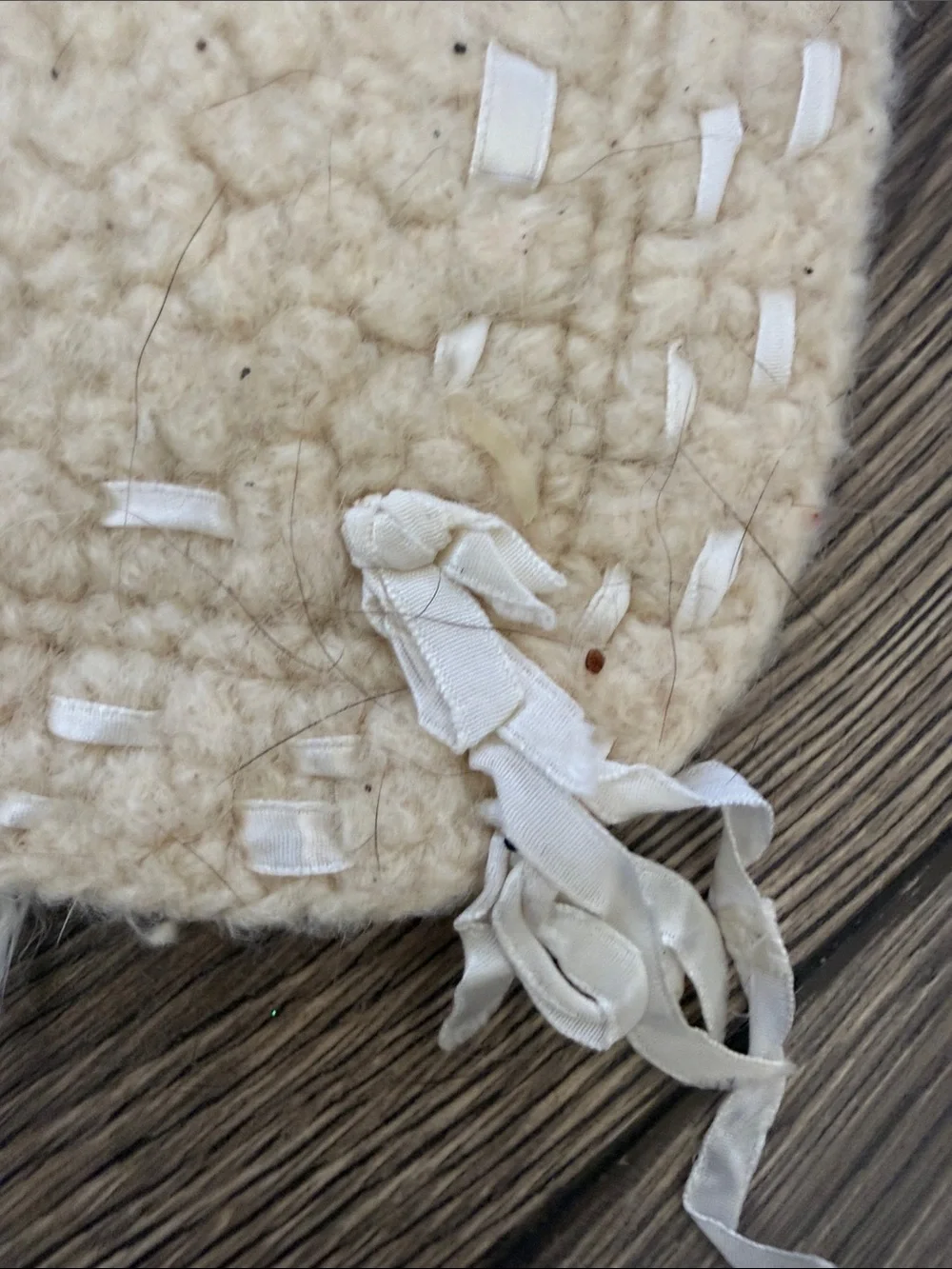 Vintage Cream Wool Baby Blanket Hand Laced Satin Ribbon 24x31